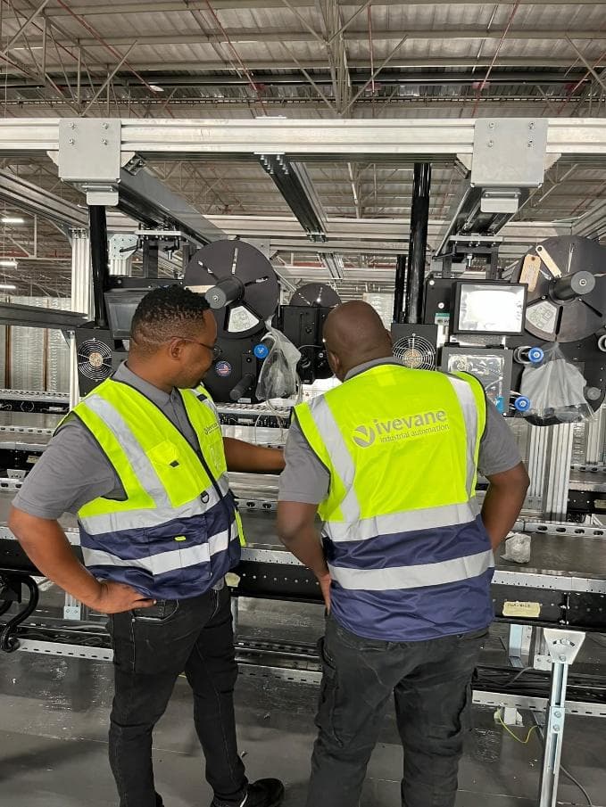 Two engineers inspecting a print and apply station above the warehouse conveyor