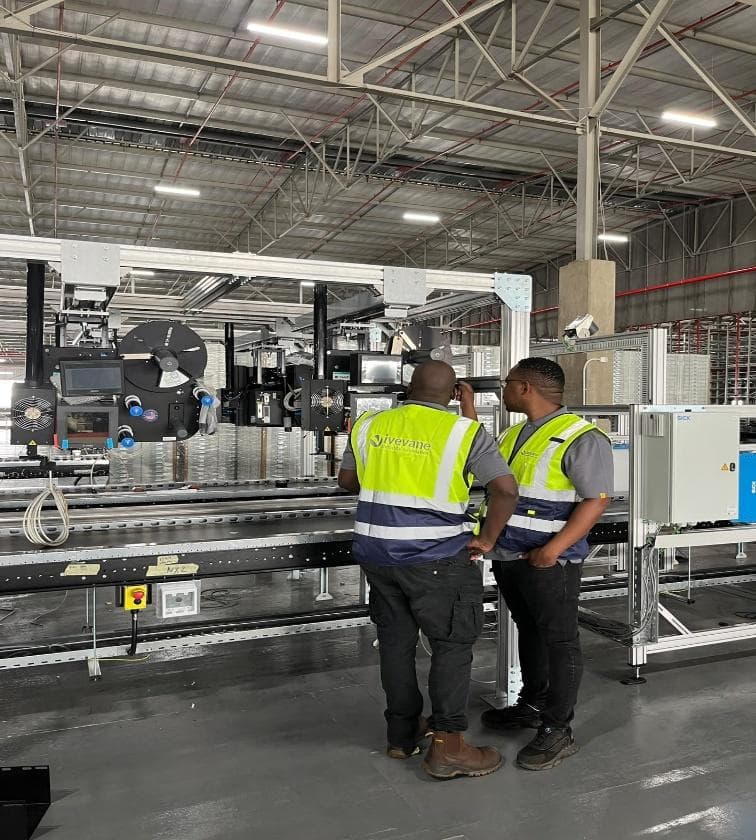Engineers at the outbound print and apply installation inside the warehouse